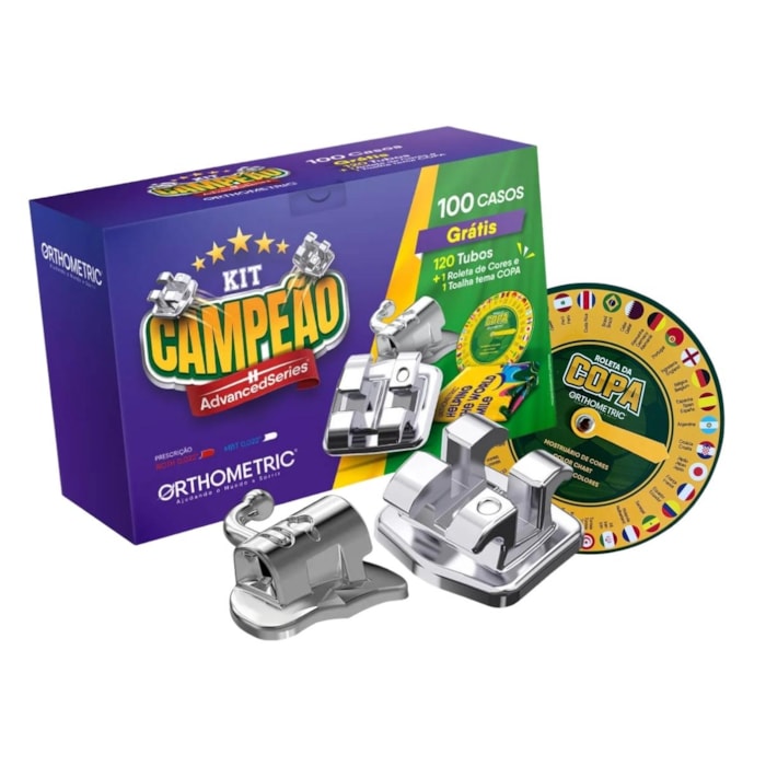 Bráquete de Aço Advanced Series Roth 022 + Tubos + Roleta de Cores + Toalha Copa do Mundo - Kit Campeão - Orthometric