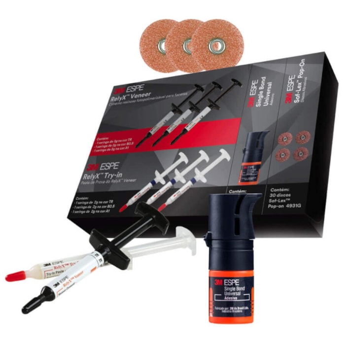 Cimento 3M™ Relyx™ Veneer + Adesivo 3M™ Single Bond Universal + Discos 3M™ Sof-Lex™ Kit Elegance - Solventum