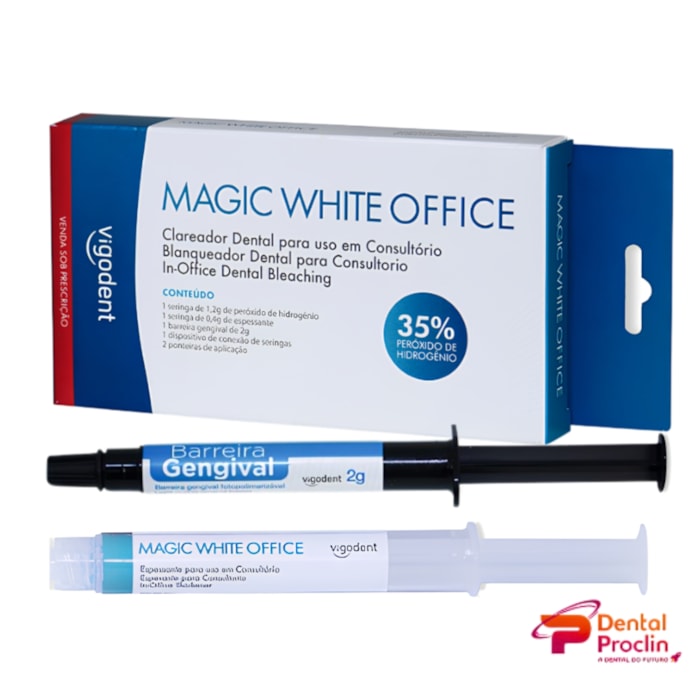 Clareador Magic White Office 35% + 2 Ponteiras de Aplicação Kit - Vigodent Validade: 07/26