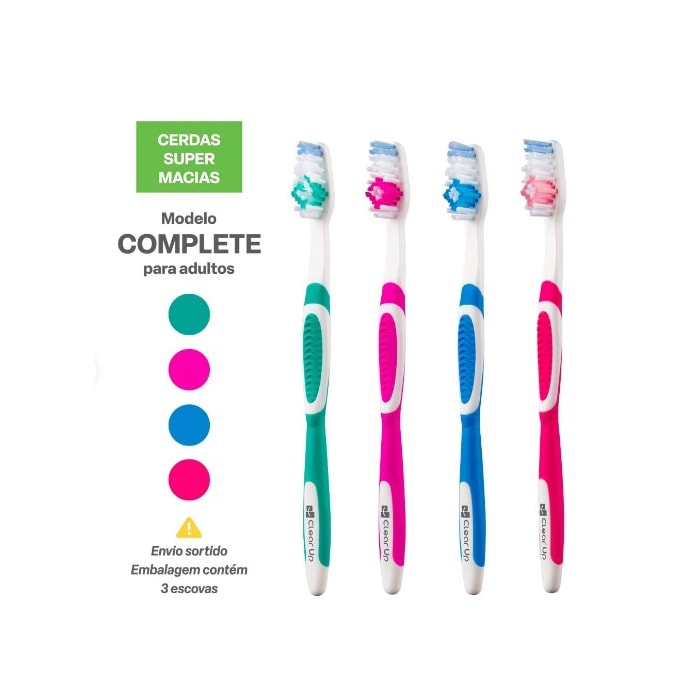 Escova de Dente Complete Clear Up com 3 Unidades (Cores Sortidas) - Multi Saúde
