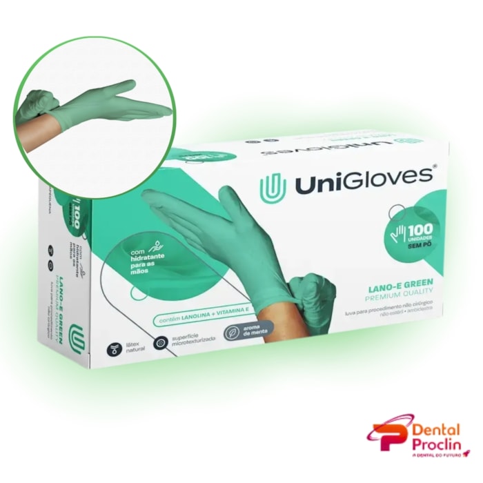Luva de Procedimento Lano-E Green Premium Quality - Unigloves Validade: 02/26