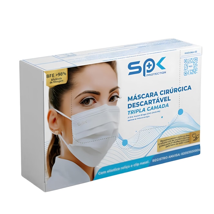 Máscara Descartável Tripla com Elástico e Clip Nasal - SP Protection